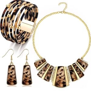 3 Pieces Leopard Necklace Earrings Bracelets Leopard Set for Women Bohemian
